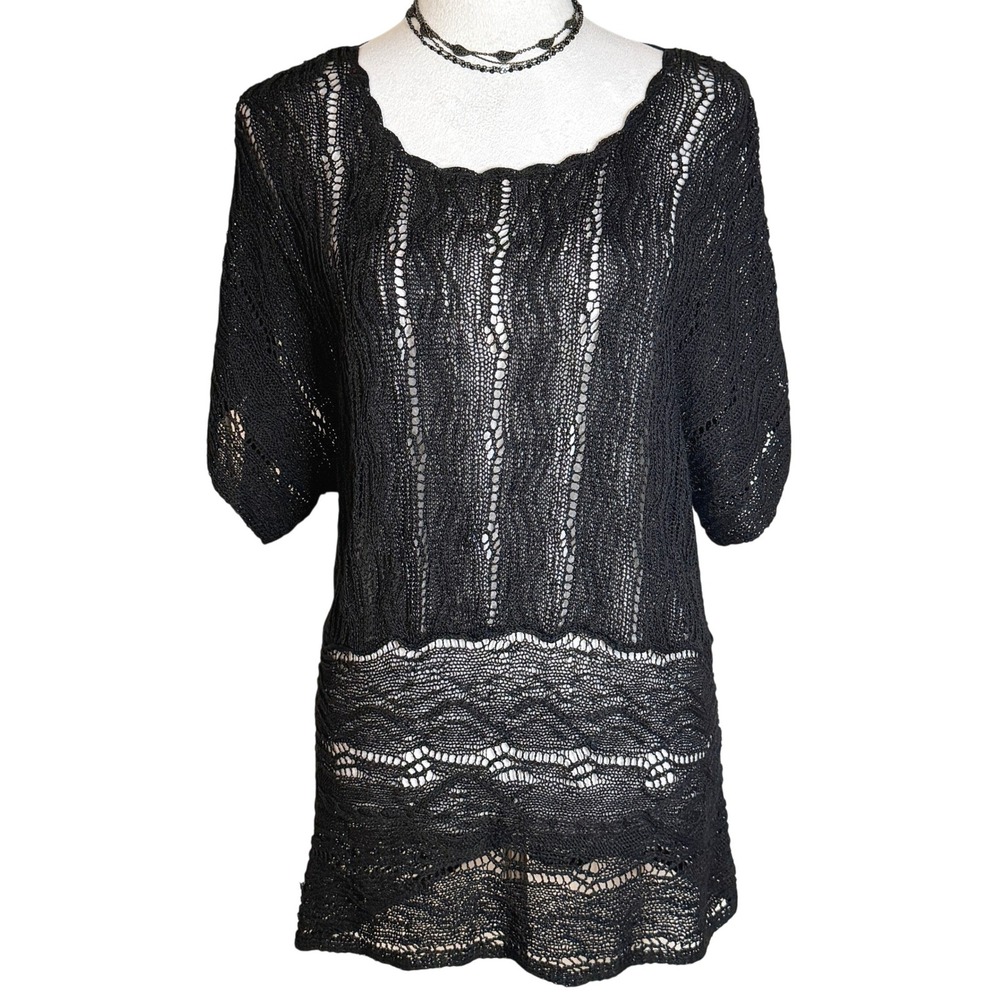 Coldwater Creek Linen Blend Open Knit Pointelle Tunic Sweater Top Womens M Boho
